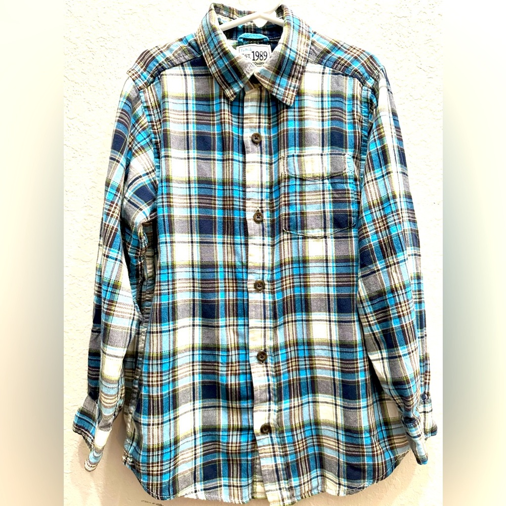 Boys Turquoise, Blue, Green and Off White Plaid Flannel Button Up Shirt Size 7/8